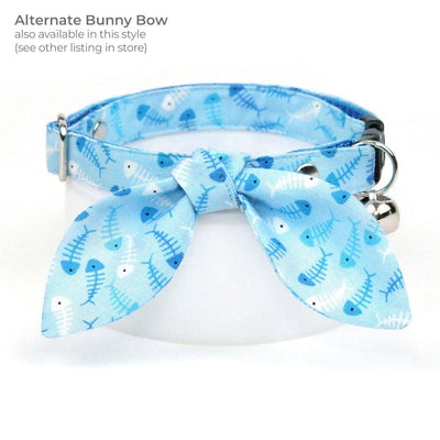 Fish Cat Bow Tie - "Go Fish" - Ocean Blue Bow Tie for Cat Collar / Fishing, Sardines, Sea, Seafood, Fish Bone / Cat, Kitten + Small Dog Bowtie