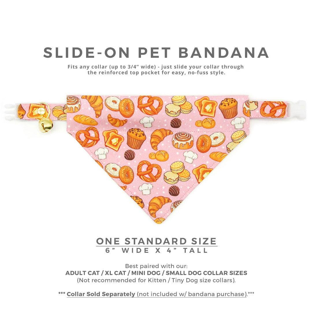 Bakery Cat Bandana - "Bakery Bliss - Pink" - Bread & Pastries Bandana for Cat + Small Dog / Toast, Biscuit, Dessert, Food, Muffin, Cinnamon Roll, Pretzel / Slide-on Bandana