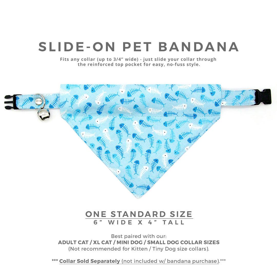 Fish Cat Bandana - "Go Fish" - Ocean Blue Bandana for Cat + Small Dog / Fishing, Fish Bone, Sardine, Seafood, Sea / Slide-on Bandana