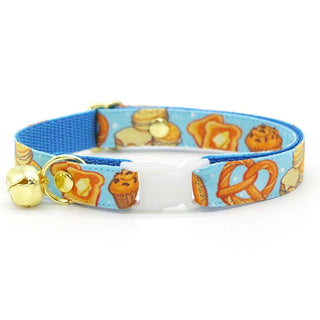 Bakery Cat Collar - "Bakery Bliss - Blue" - Biscuit, Pretzel, Bread, Muffin, Bagel, Croissant, Food, Toast Cat Collar / Breakaway Buckle or Non-Breakaway / Cat, Kitten + Small Dog Sizes - Kitten (6-10) / Breakaway / Gold