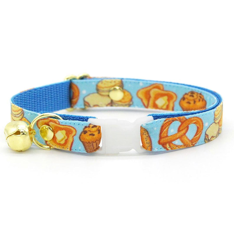 Bakery Cat Collar - "Bakery Bliss - Blue" - Biscuit, Pretzel, Bread, Muffin, Bagel, Croissant, Food, Toast Cat Collar / Breakaway Buckle or Non-Breakaway / Cat, Kitten + Small Dog Sizes