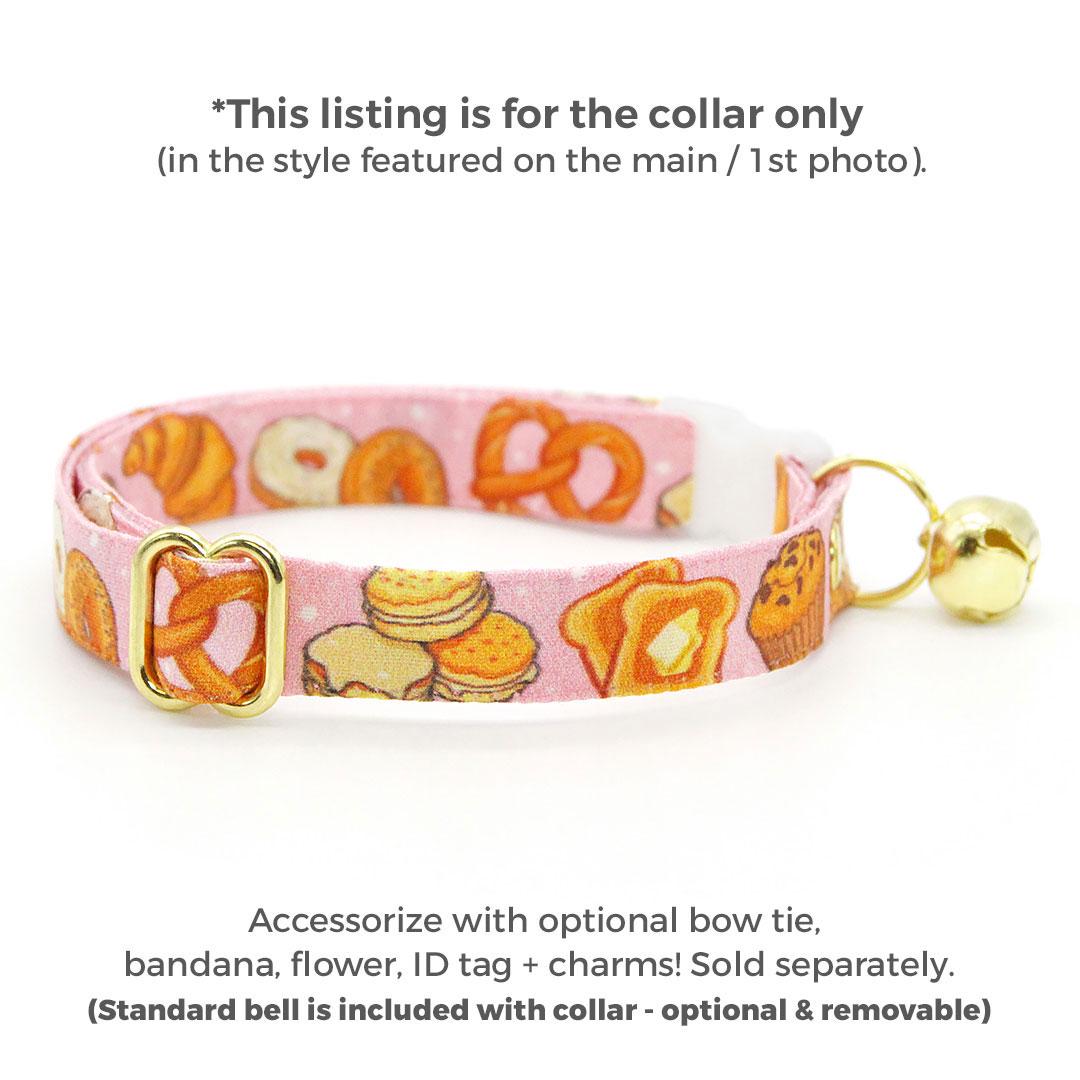 Bakery Cat Collar - "Bakery Bliss - Pink" - Biscuit, Cinnamon Roll, Toast, Muffin, Bagel, Croissant, Food, Pretzel Cat Collar / Breakaway Buckle or Non-Breakaway / Cat, Kitten + Small Dog Sizes