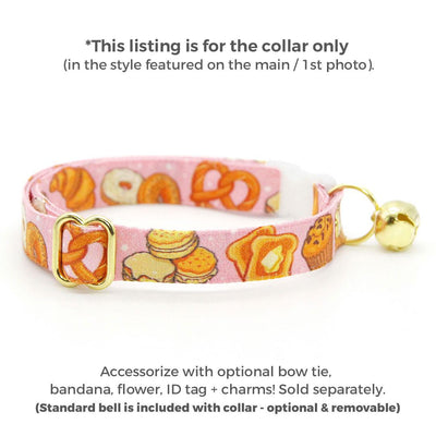 Bakery Cat Collar - "Bakery Bliss - Pink" - Biscuit, Cinnamon Roll, Toast, Muffin, Bagel, Croissant, Food, Pretzel Cat Collar / Breakaway Buckle or Non-Breakaway / Cat, Kitten + Small Dog Sizes