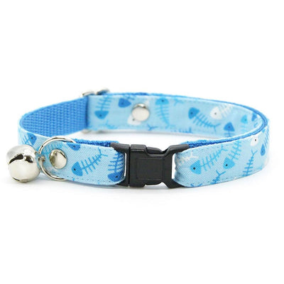 Fish Bow Tie Cat Collar Set - "Go Fish" - Ocean Blue Cat Collar with Bow Tie / Fishing, Fish Bone, Sardines, Fun, Sea / Cat, Kitten, Small Dog Sizes