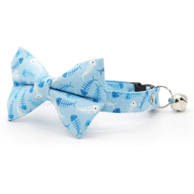 Fish Bow Tie Cat Collar Set - "Go Fish" - Ocean Blue Cat Collar with Bow Tie / Fishing, Fish Bone, Sardines, Fun, Sea / Cat, Kitten, Small Dog Sizes