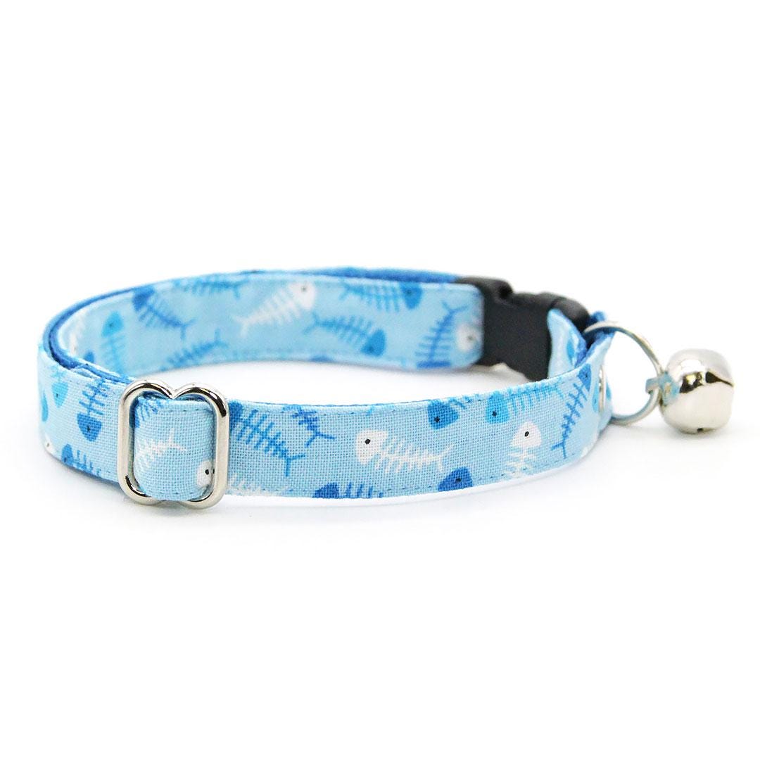 Fish Bow Tie Cat Collar Set - "Go Fish" - Ocean Blue Cat Collar with Bow Tie / Fishing, Fish Bone, Sardines, Fun, Sea / Cat, Kitten, Small Dog Sizes