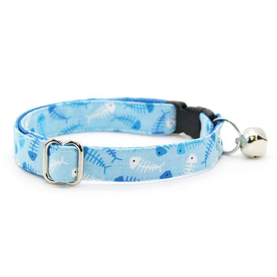 Fish Bow Tie Cat Collar Set - "Go Fish" - Ocean Blue Cat Collar with Bow Tie / Fishing, Fish Bone, Sardines, Fun, Sea / Cat, Kitten, Small Dog Sizes