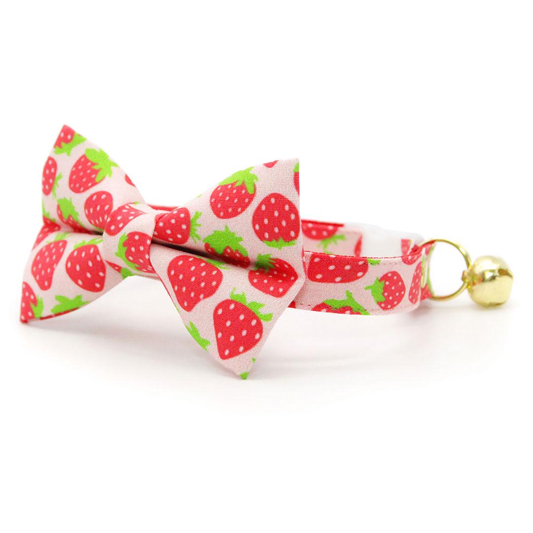 Strawberry Bow Tie Cat Collar Set - "Strawberry Patch" - Cute Red Berry Fruit Cat Collar with Bow Tie / Spring + Summer / Cat, Kitten, Small Dog Sizes