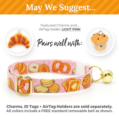 Bakery Bow Tie Cat Collar Set - "Bakery Bliss - Pink" - Pastries & Bread Cat Collar with Bow Tie / Toast, Biscuit, Bagel, Dessert, Food, Muffin, Cinnamon Roll, Pretzel / Cat, Kitten, Small Dog Sizes