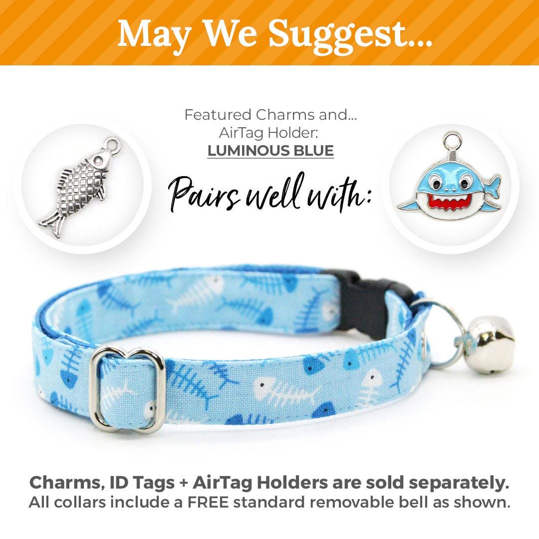 Fish Bow Tie Cat Collar Set - "Go Fish" - Ocean Blue Cat Collar with Bow Tie / Fishing, Fish Bone, Sardines, Fun, Sea / Cat, Kitten, Small Dog Sizes