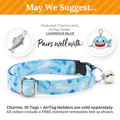 Fish Bow Tie Cat Collar Set - "Go Fish" - Ocean Blue Cat Collar with Bow Tie / Fishing, Fish Bone, Sardines, Fun, Sea / Cat, Kitten, Small Dog Sizes