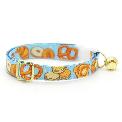 Bakery Cat Collar + Flower Set - "Bakery Bliss - Blue" - Bread, Pretzel, Biscuit, Toast Cat Collar w/ Sky Blue Felt Flower (Detachable) / Cat, Kitten + Small Dog Sizes