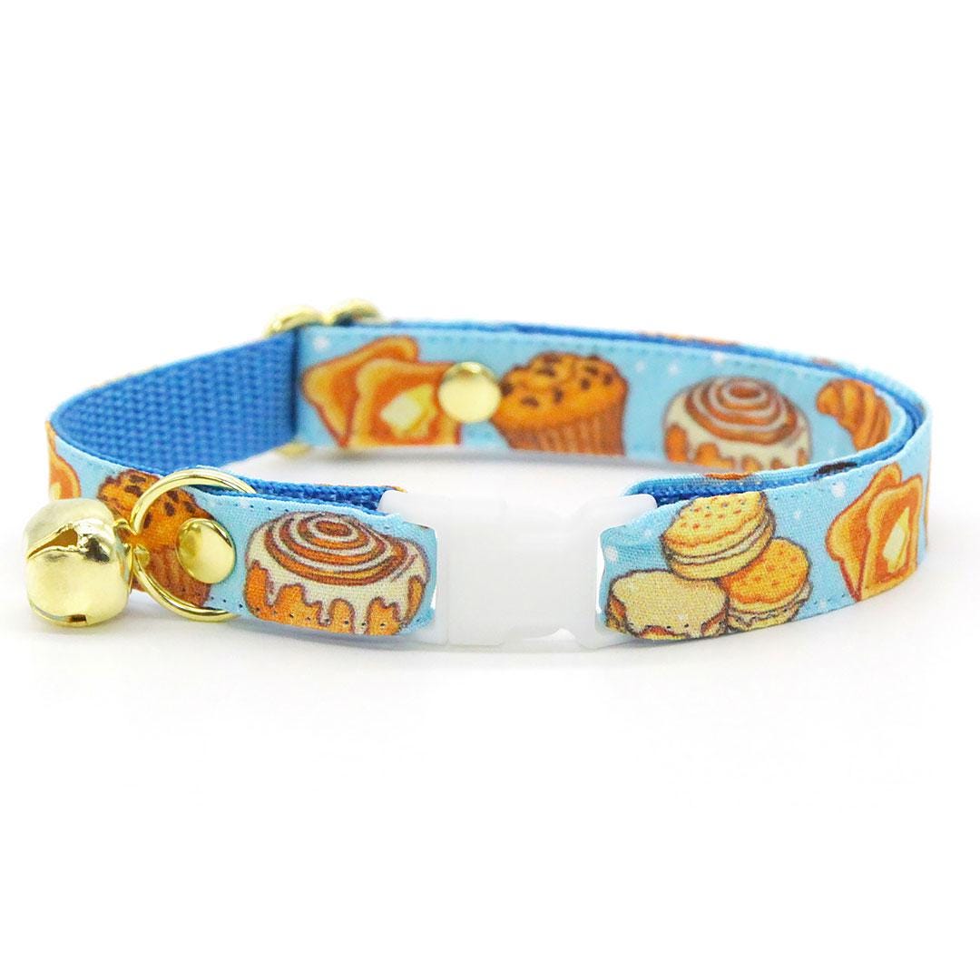 Bakery Cat Collar + Flower Set - "Bakery Bliss - Blue" - Bread, Pretzel, Biscuit, Toast Cat Collar w/ Sky Blue Felt Flower (Detachable) / Cat, Kitten + Small Dog Sizes