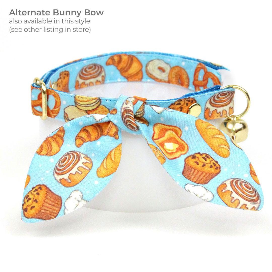 Bakery Cat Collar + Flower Set - "Bakery Bliss - Blue" - Bread, Pretzel, Biscuit, Toast Cat Collar w/ Sky Blue Felt Flower (Detachable) / Cat, Kitten + Small Dog Sizes