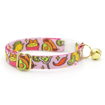 Taco Cat Collar + Flower Set - "Taco Time - Pink" - Mexican Food Cat Collar w/ Fuchsia Felt Flower (Detachable) / Cat, Kitten + Small Dog Sizes