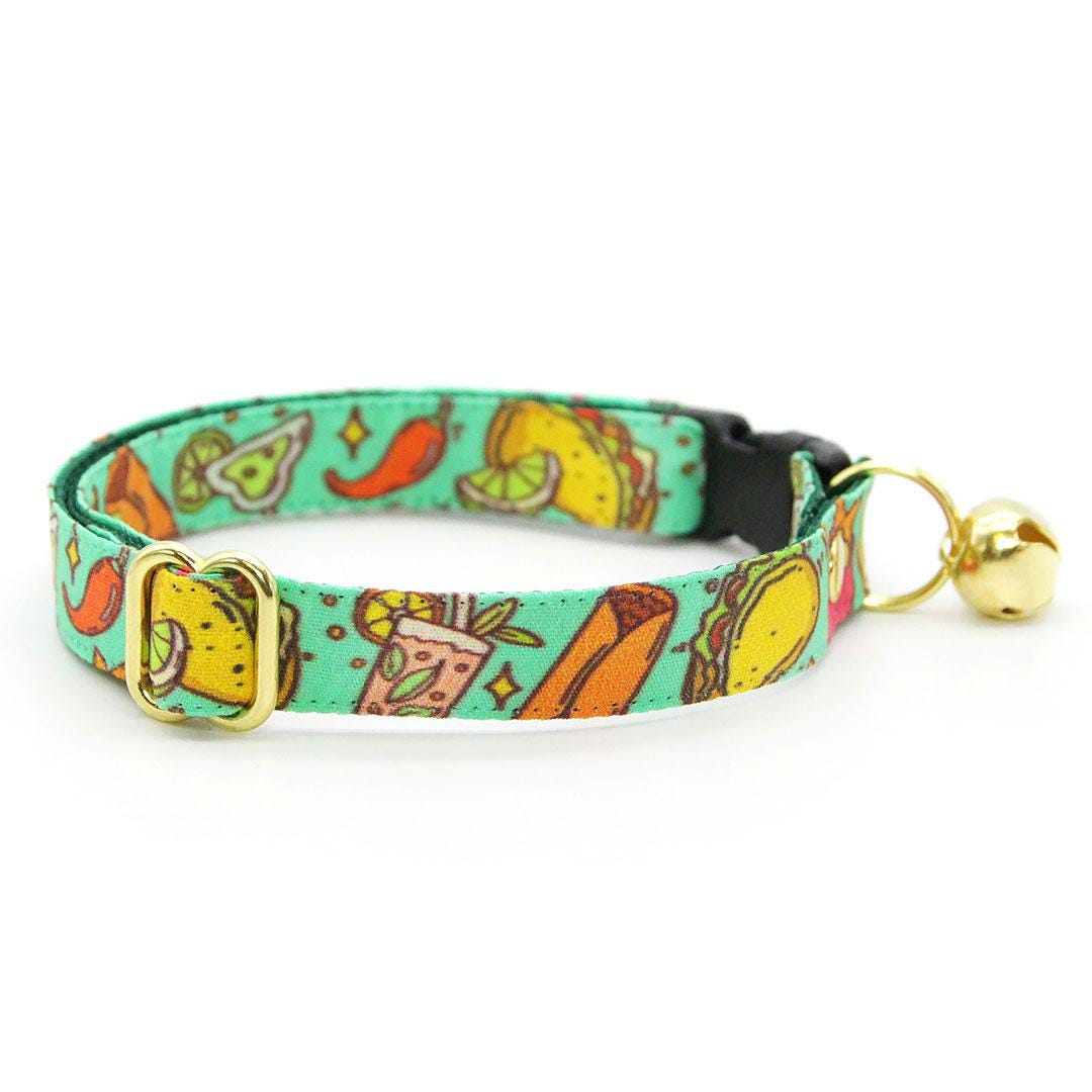 Taco Cat Collar + Flower Set - "Taco Time - Green" - Mexican Food Cat Collar w/ Mint Felt Flower (Detachable) / Cat, Kitten + Small Dog Sizes