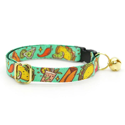 Taco Cat Collar + Flower Set - "Taco Time - Green" - Mexican Food Cat Collar w/ Mint Felt Flower (Detachable) / Cat, Kitten + Small Dog Sizes