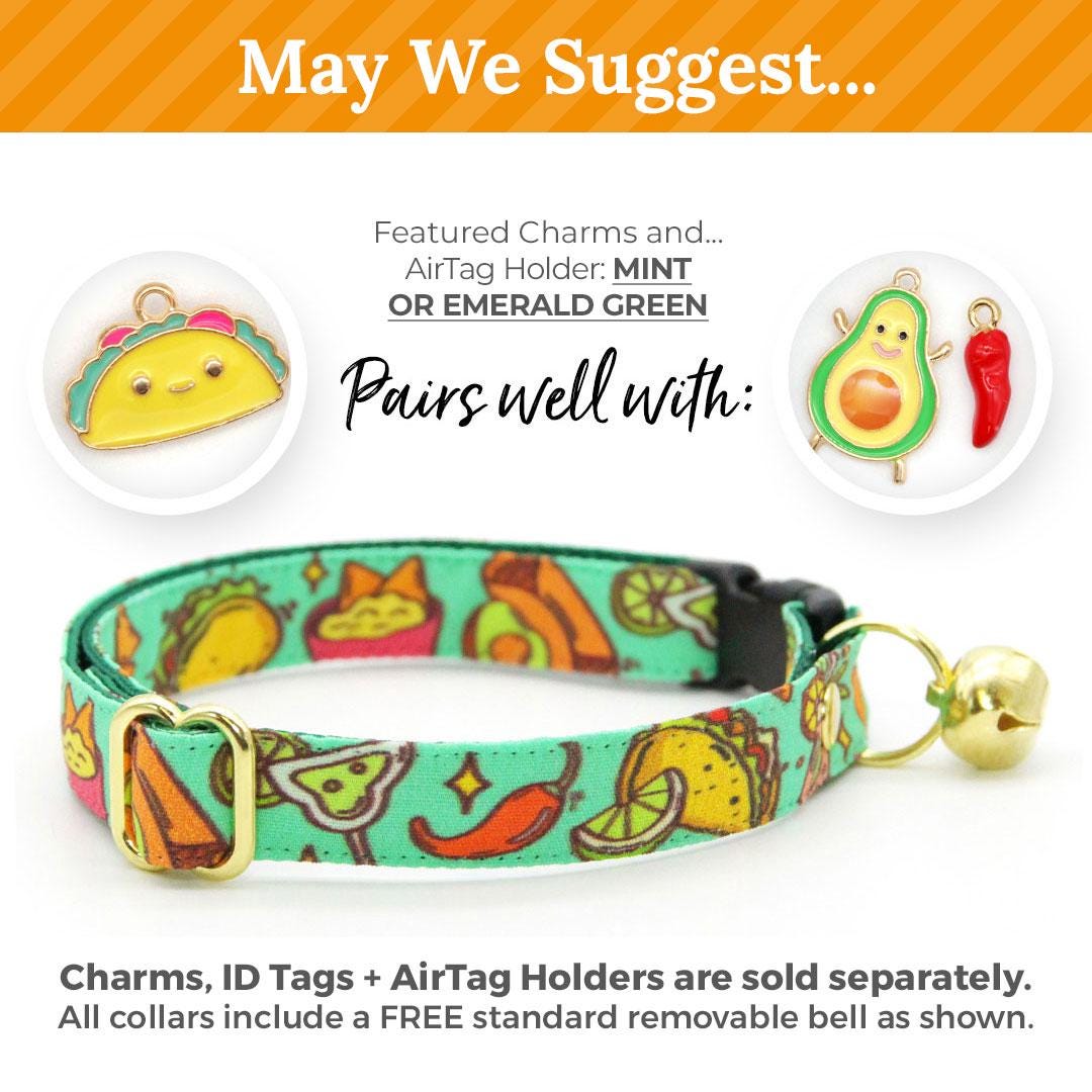 Taco Cat Collar + Flower Set - "Taco Time - Green" - Mexican Food Cat Collar w/ Mint Felt Flower (Detachable) / Cat, Kitten + Small Dog Sizes