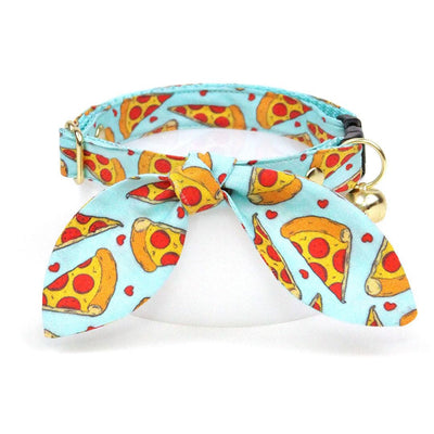 Cat Collar + Bunny Ear Bow Set - "Pizza Party" - Fun Food Pizza Cat Collar w/ Matching Bunny Bow Tie / Tie-On Scarf / Cat, Kitten + Small Dog Sizes