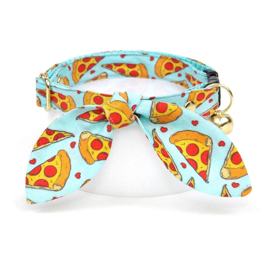 Cat Collar + Bunny Ear Bow Set - "Pizza Party" - Fun Food Pizza Cat Collar w/ Matching Bunny Bow Tie / Tie-On Scarf / Cat, Kitten + Small Dog Sizes