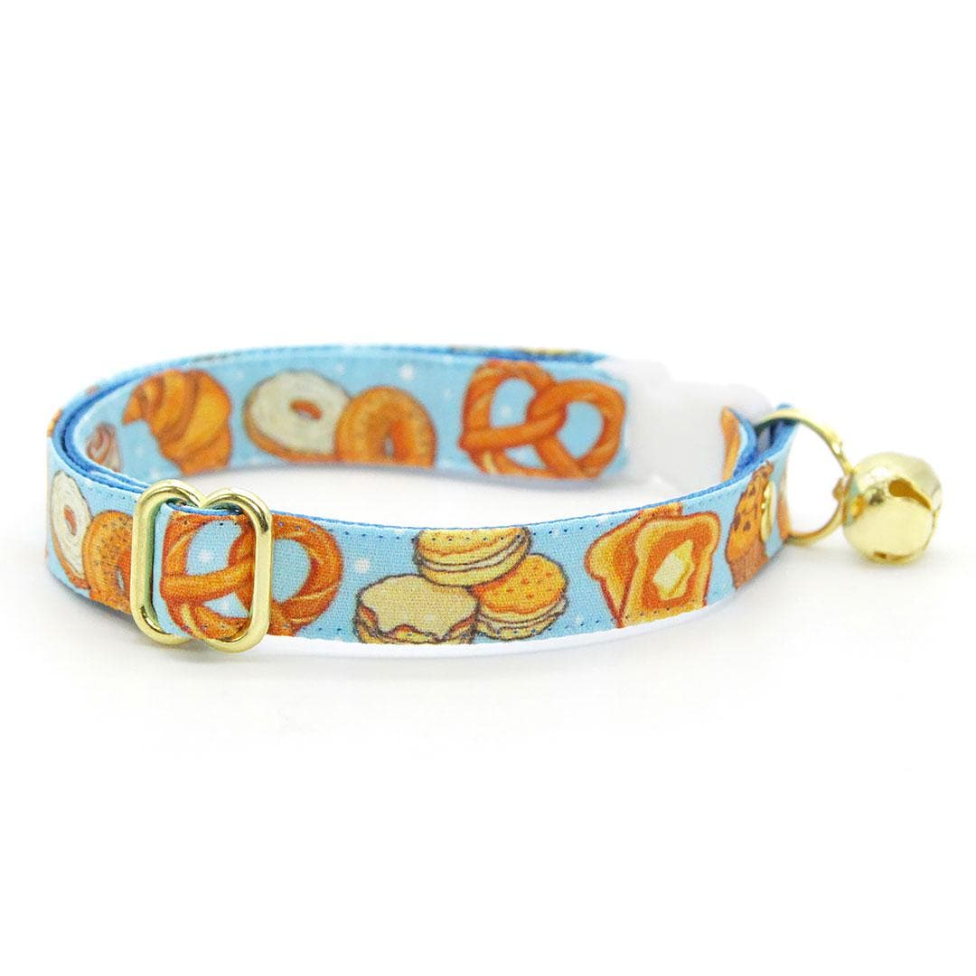 Cat Collar + Bunny Ear Bow Set - "Bakery Bliss - Blue" - Bread, Pastries, Biscuits & Toast Cat Collar w/ Matching Bunny Bow Tie / Breakfast Food, Cinnamon Roll, Pretzel, Muffin, Bagel / Tie-On Scarf / Cat, Kitten + Small Dog Sizes
