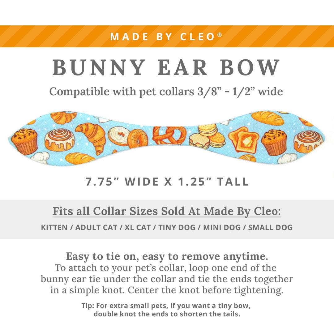 Cat Collar + Bunny Ear Bow Set - "Bakery Bliss - Blue" - Bread, Pastries, Biscuits & Toast Cat Collar w/ Matching Bunny Bow Tie / Breakfast Food, Cinnamon Roll, Pretzel, Muffin, Bagel / Tie-On Scarf / Cat, Kitten + Small Dog Sizes