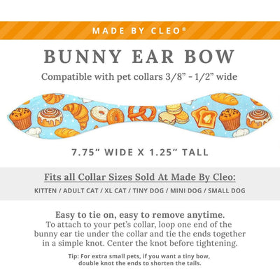 Cat Collar + Bunny Ear Bow Set - "Bakery Bliss - Blue" - Bread, Pastries, Biscuits & Toast Cat Collar w/ Matching Bunny Bow Tie / Breakfast Food, Cinnamon Roll, Pretzel, Muffin, Bagel / Tie-On Scarf / Cat, Kitten + Small Dog Sizes