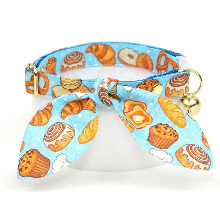 Cat Collar + Bunny Ear Bow Set - "Bakery Bliss - Blue" - Bread, Pastries, Biscuits & Toast Cat Collar w/ Matching Bunny Bow Tie / Breakfast Food, Cinnamon Roll, Pretzel, Muffin, Bagel / Tie-On Scarf / Cat, Kitten + Small Dog Sizes