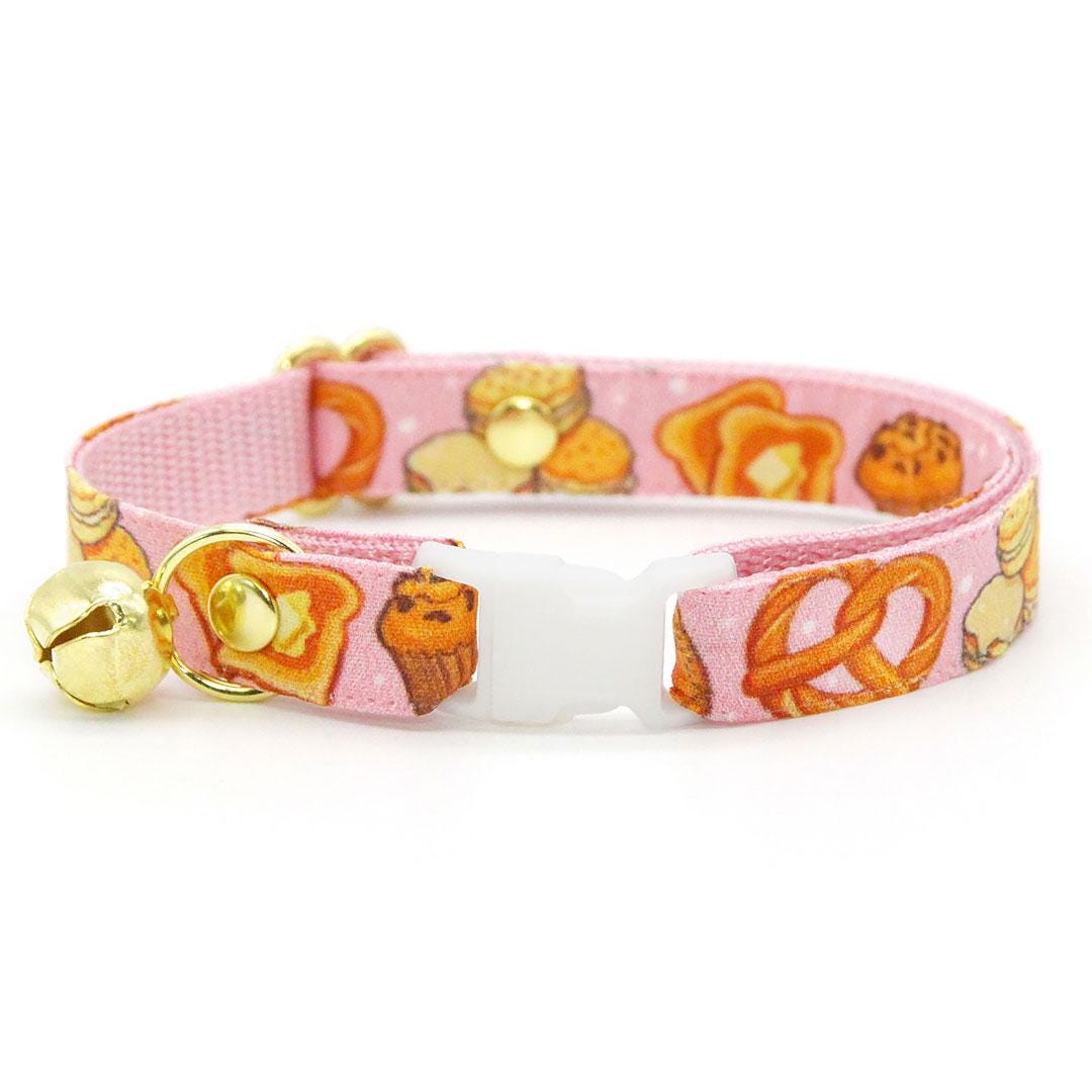 Cat Collar + Bunny Ear Bow Set - "Bakery Bliss - Pink" - Pastries, Bread & Biscuit Cat Collar w/ Matching Bunny Bow Tie / Breakfast Food, Toast, Cinnamon Roll, Pretzel, Muffin, Bagel / Tie-On Scarf / Cat, Kitten + Small Dog Sizes