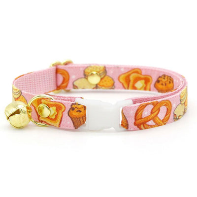 Cat Collar + Bunny Ear Bow Set - "Bakery Bliss - Pink" - Pastries, Bread & Biscuit Cat Collar w/ Matching Bunny Bow Tie / Breakfast Food, Toast, Cinnamon Roll, Pretzel, Muffin, Bagel / Tie-On Scarf / Cat, Kitten + Small Dog Sizes