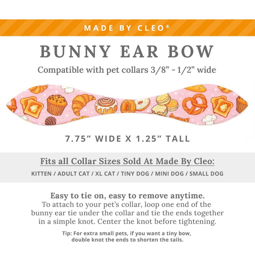 Cat Collar + Bunny Ear Bow Set - "Bakery Bliss - Pink" - Pastries, Bread & Biscuit Cat Collar w/ Matching Bunny Bow Tie / Breakfast Food, Toast, Cinnamon Roll, Pretzel, Muffin, Bagel / Tie-On Scarf / Cat, Kitten + Small Dog Sizes