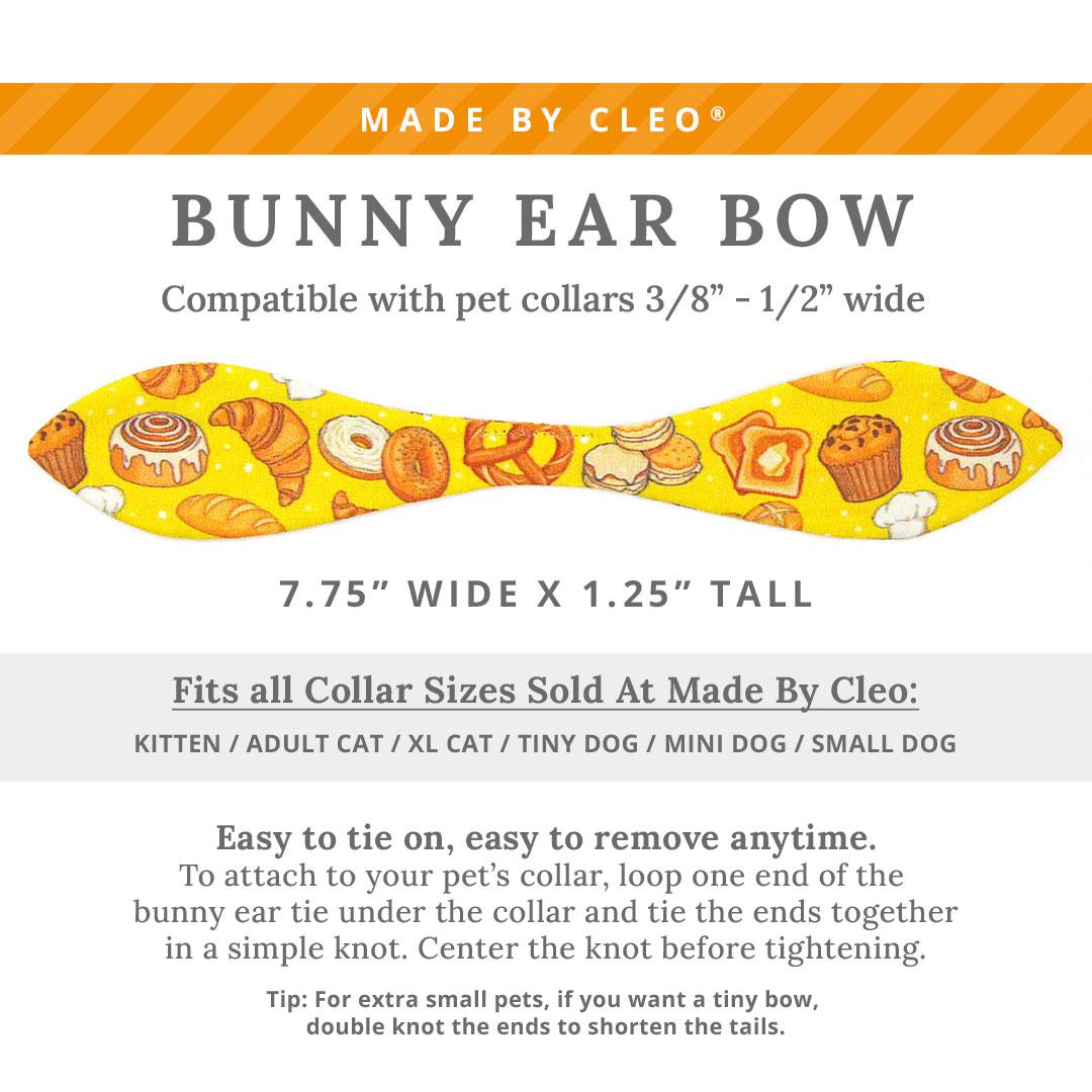 Cat Collar + Bunny Ear Bow Set - "Bakery Bliss - Yellow" - Pastries & Bread Cat Collar w/ Matching Bunny Bow Tie / Breakfast Food, Toast, Biscuits, Cinnamon Roll, Pretzel, Muffin, Bagel / Tie-On Scarf / Cat, Kitten + Small Dog Sizes