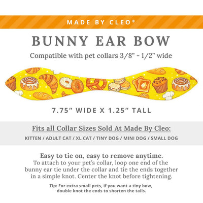 Cat Collar + Bunny Ear Bow Set - "Bakery Bliss - Yellow" - Pastries & Bread Cat Collar w/ Matching Bunny Bow Tie / Breakfast Food, Toast, Biscuits, Cinnamon Roll, Pretzel, Muffin, Bagel / Tie-On Scarf / Cat, Kitten + Small Dog Sizes