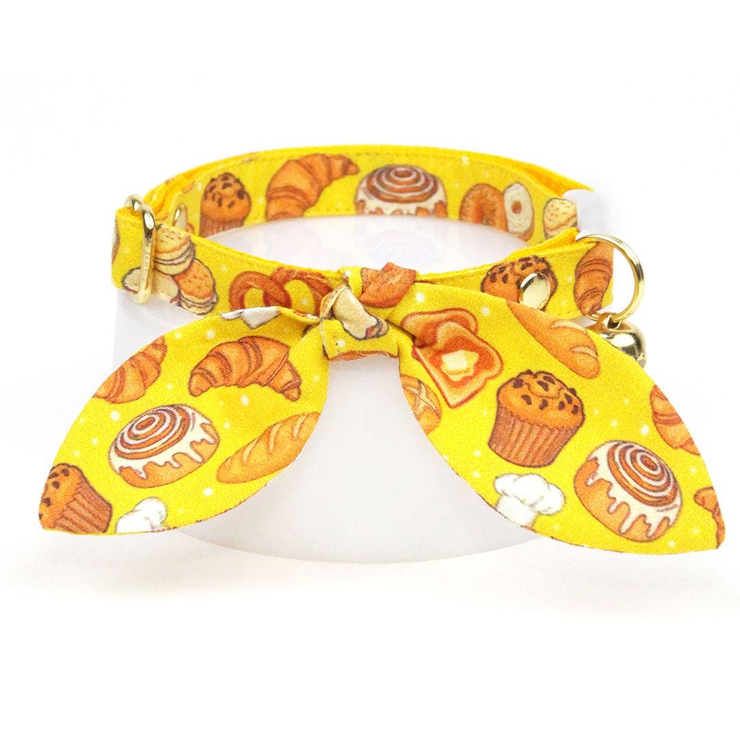 Cat Collar + Bunny Ear Bow Set - "Bakery Bliss - Yellow" - Pastries & Bread Cat Collar w/ Matching Bunny Bow Tie / Breakfast Food, Toast, Biscuits, Cinnamon Roll, Pretzel, Muffin, Bagel / Tie-On Scarf / Cat, Kitten + Small Dog Sizes