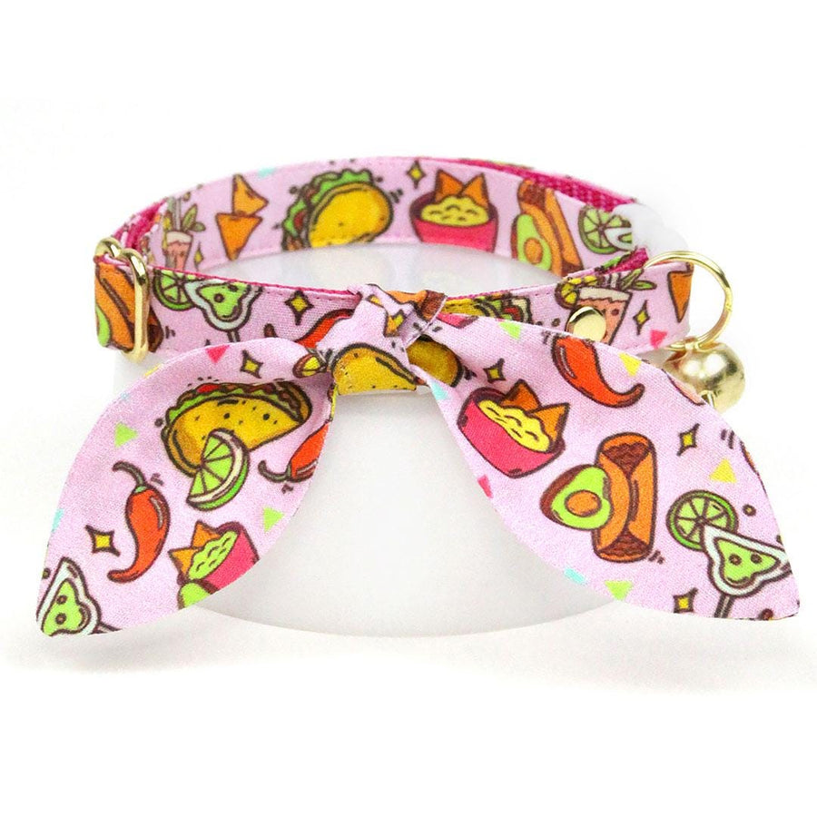 Cat Collar + Bunny Ear Bow Set - "Taco Time - Pink" - Mexican Food Taco Cat Collar w/ Matching Bunny Bow Tie / Fiesta Fun, Cinco de Mayo, Margarita, Burrito, Queso, Chili Pepper / Tie-On Scarf / Cat, Kitten + Small Dog Sizes
