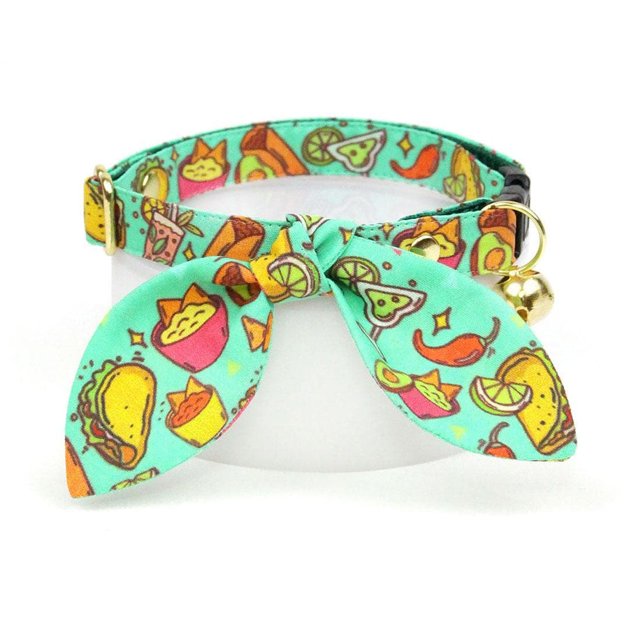 Cat Collar + Bunny Ear Bow Set - "Taco Time - Green" - Mexican Food Taco Cat Collar w/ Matching Bunny Bow Tie / Fiesta Fun, Cinco de Mayo, Margarita, Burrito, Queso, Chili Pepper / Tie-On Scarf / Cat, Kitten + Small Dog Sizes