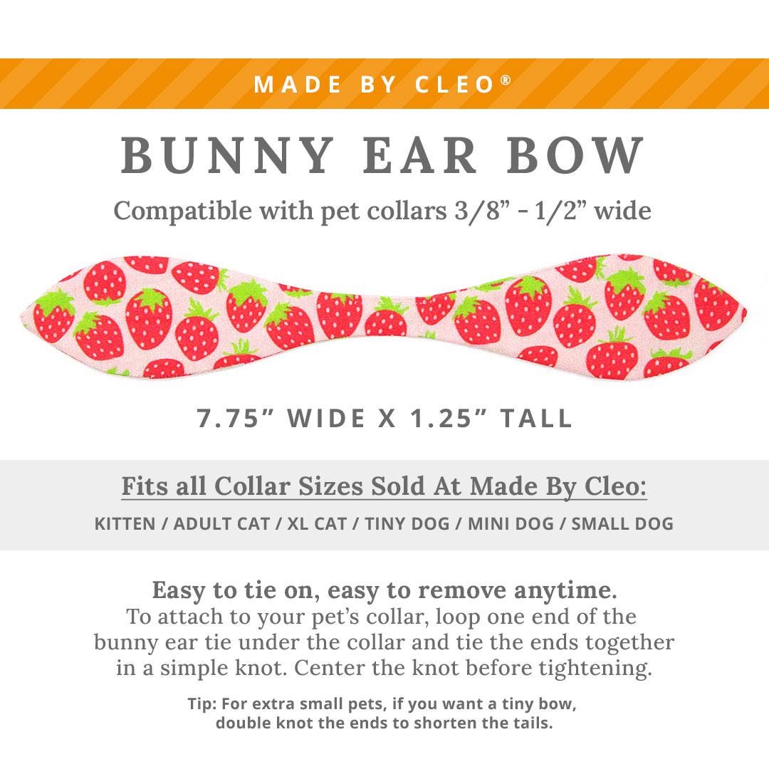 Cat Collar + Bunny Ear Bow Set - "Strawberry Patch" - Strawberry Cat Collar w/ Matching Bunny Bow Tie / Red Berry Fruit, Summer / Tie-On Scarf / Cat, Kitten + Small Dog Sizes