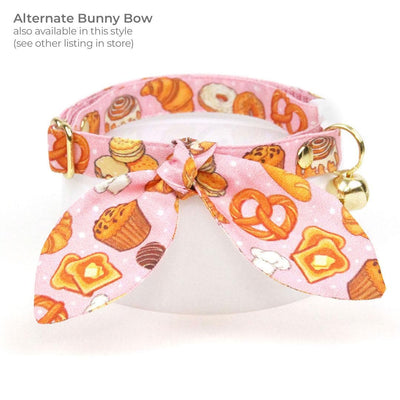 Bakery Bow Tie Cat Collar Set - "Bakery Bliss - Pink" - Pastries & Bread Cat Collar with Bow Tie / Toast, Biscuit, Bagel, Dessert, Food, Muffin, Cinnamon Roll, Pretzel / Cat, Kitten, Small Dog Sizes