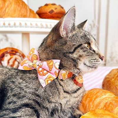Bakery Bow Tie Cat Collar Set - "Bakery Bliss - Pink" - Pastries & Bread Cat Collar with Bow Tie / Toast, Biscuit, Bagel, Dessert, Food, Muffin, Cinnamon Roll, Pretzel / Cat, Kitten, Small Dog Sizes