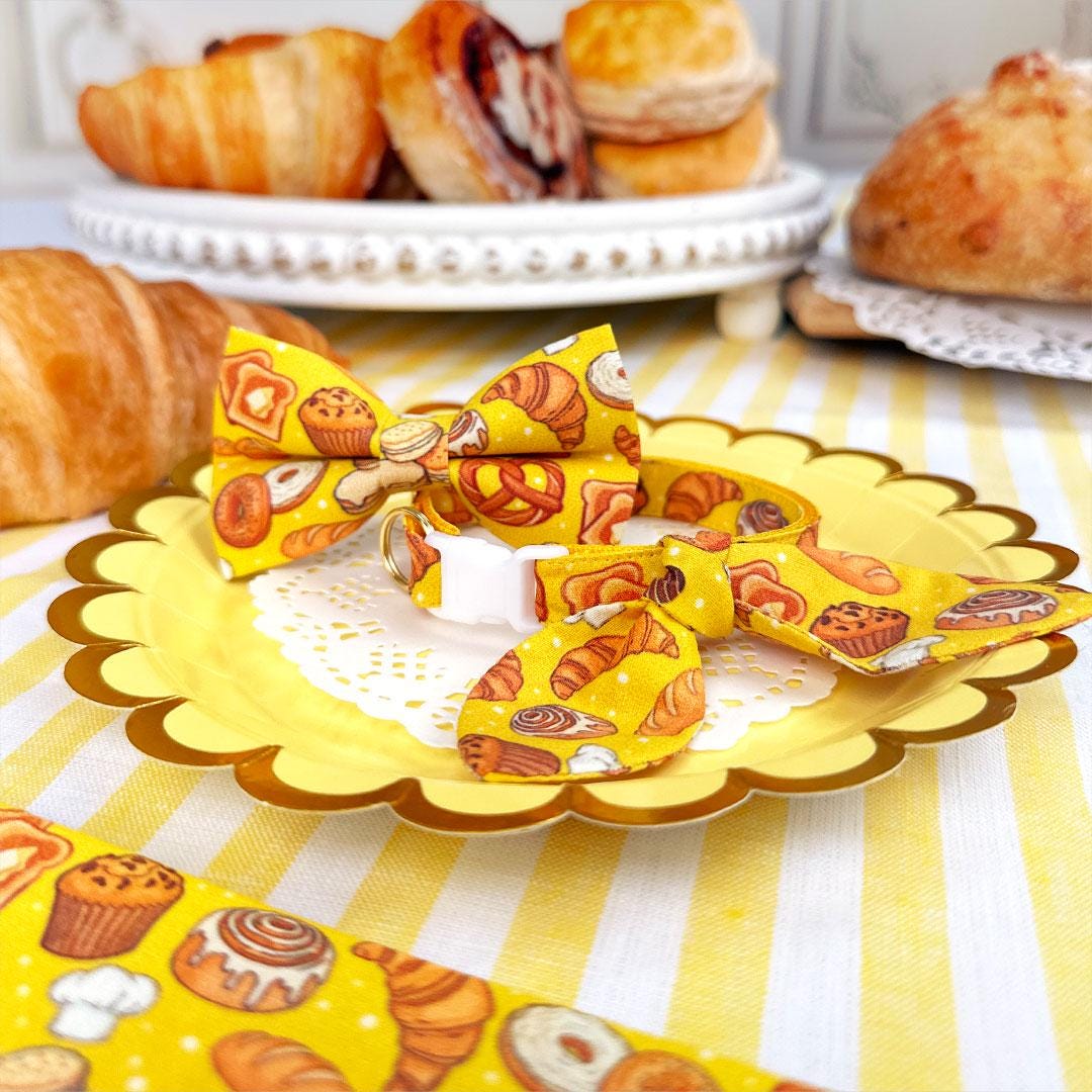 Bakery Cat Bandana - "Bakery Bliss - Yellow" - Bread & Pastries Bandana for Cat + Small Dog / Toast, Biscuit, Breakfast Food, Muffin, Cinnamon Roll, Pretzel / Slide-on Bandana