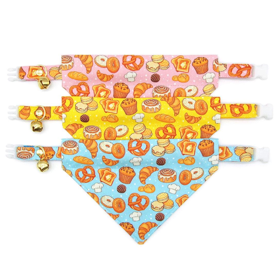 Bakery Cat Collar - "Bakery Bliss - Blue" - Biscuit, Pretzel, Bread, Muffin, Bagel, Croissant, Food, Toast Cat Collar / Breakaway Buckle or Non-Breakaway / Cat, Kitten + Small Dog Sizes