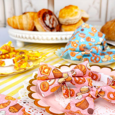 Bakery Bow Tie Cat Collar Set - "Bakery Bliss - Pink" - Pastries & Bread Cat Collar with Bow Tie / Toast, Biscuit, Bagel, Dessert, Food, Muffin, Cinnamon Roll, Pretzel / Cat, Kitten, Small Dog Sizes