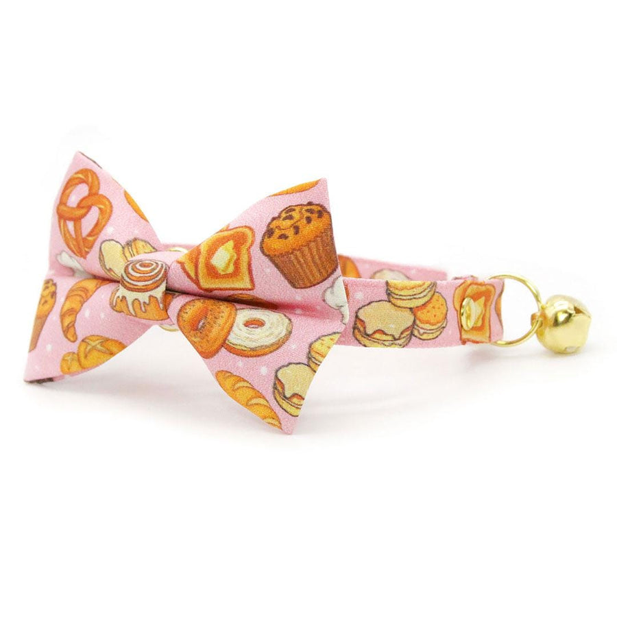 Bakery Bow Tie Cat Collar Set - "Bakery Bliss - Pink" - Pastries & Bread Cat Collar with Bow Tie / Toast, Biscuit, Bagel, Dessert, Food, Muffin, Cinnamon Roll, Pretzel / Cat, Kitten, Small Dog Sizes