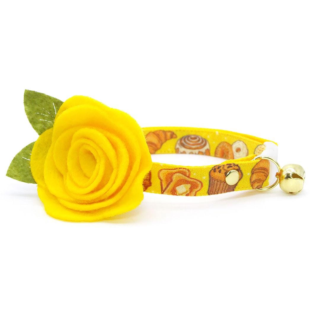 Bakery Cat Collar + Flower Set - "Bakery Bliss - Yellow" - Bread, Toast, Biscuit Cat Collar w/ Yellow Felt Flower (Detachable) / Cat, Kitten + Small Dog Sizes