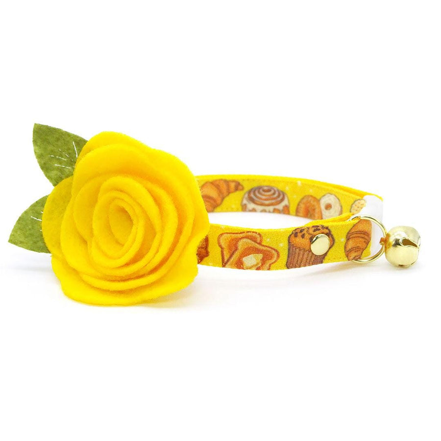 Bakery Cat Collar + Flower Set - "Bakery Bliss - Yellow" - Bread, Toast, Biscuit Cat Collar w/ Yellow Felt Flower (Detachable) / Cat, Kitten + Small Dog Sizes