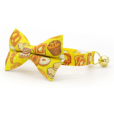 Bakery Bow Tie Cat Collar Set - "Bakery Bliss - Yellow" - Pastries & Bread Cat Collar with Bow Tie / Toast, Biscuit, Bagel, Breakfast Food, Muffin, Cinnamon Roll, Pretzel / Cat, Kitten, Small Dog Sizes