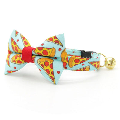 Pizza Bow Tie Cat Collar Set - "Pizza Party" - Blue Yellow & Red Fun Food Cat Collar with Bow Tie / Cat, Kitten, Small Dog Sizes