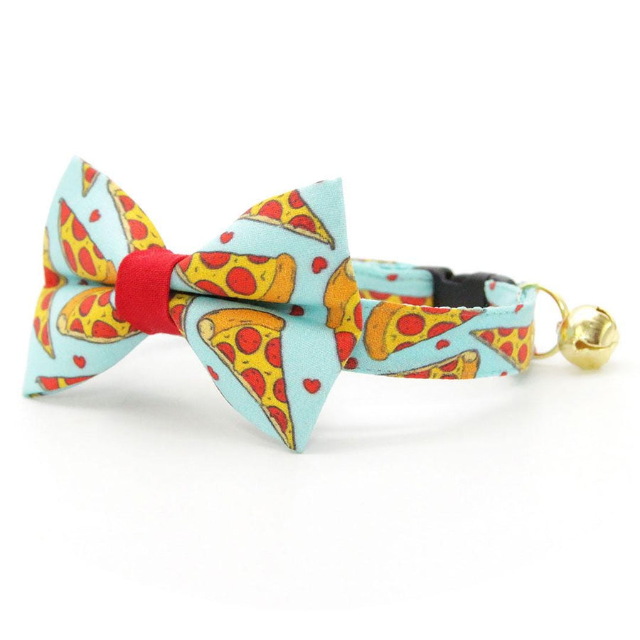 Pizza Bow Tie Cat Collar Set - "Pizza Party" - Blue Yellow & Red Fun Food Cat Collar with Bow Tie / Cat, Kitten, Small Dog Sizes