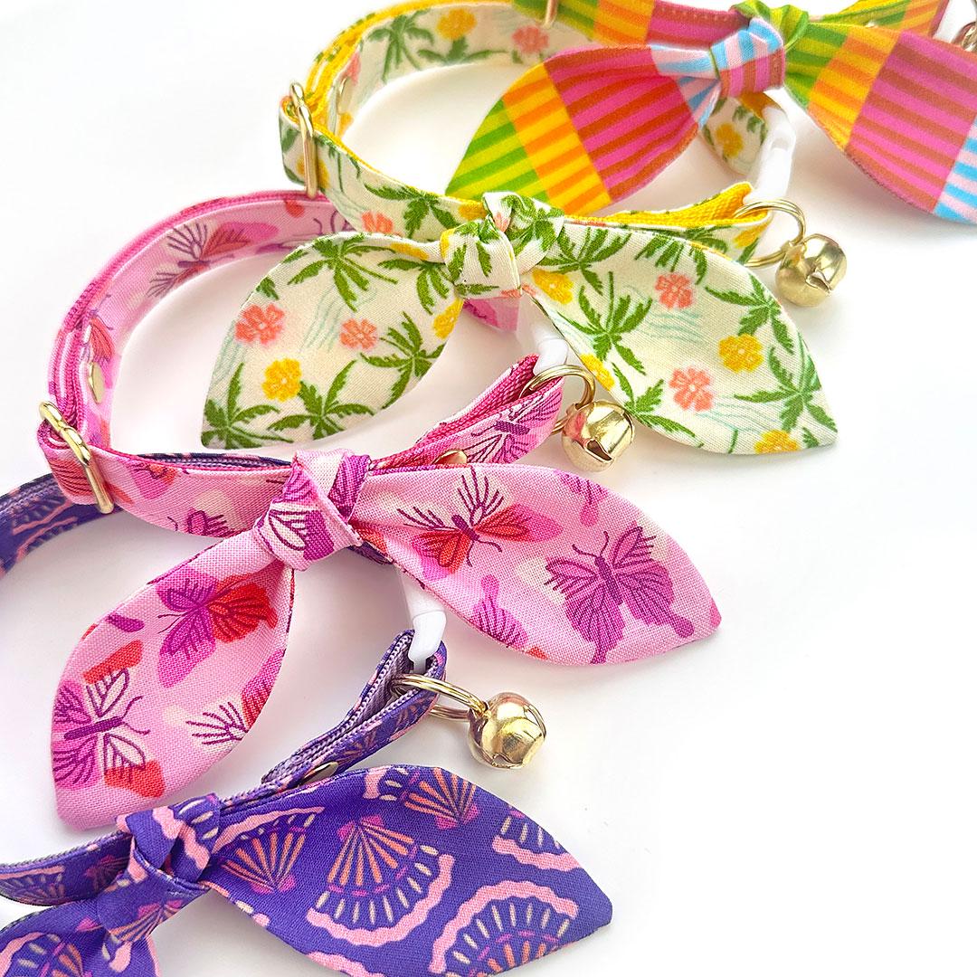 Cat Collar + Bunny Ear Bow Set - "Palm Paradise" - Tropical Cat Collar w/ Matching Bunny Bow Tie / Hawaiian, Beach, Summer / Tie-On Scarf / Cat, Kitten + Small Dog Sizes