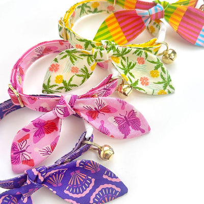 Cat Collar + Bunny Ear Bow Set - "Palm Paradise" - Tropical Cat Collar w/ Matching Bunny Bow Tie / Hawaiian, Beach, Summer / Tie-On Scarf / Cat, Kitten + Small Dog Sizes
